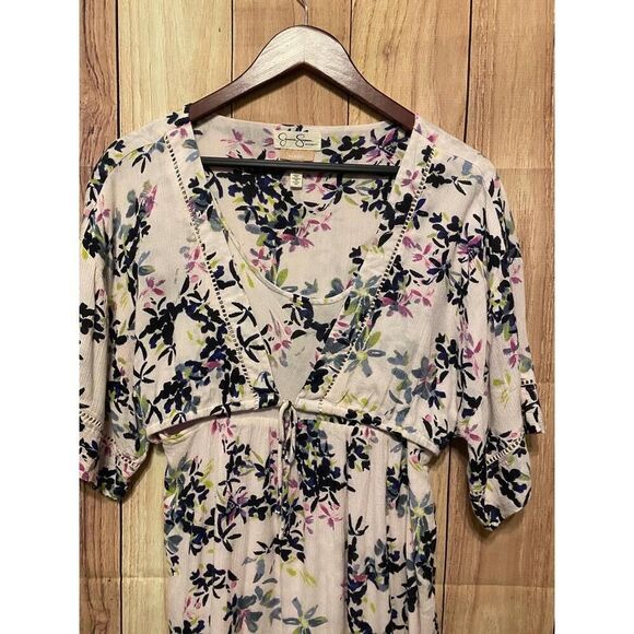 Jessica Simpson Small Mini Nursing Dress White Blue Floral V-Neck Maternity - Picture 6 of 12